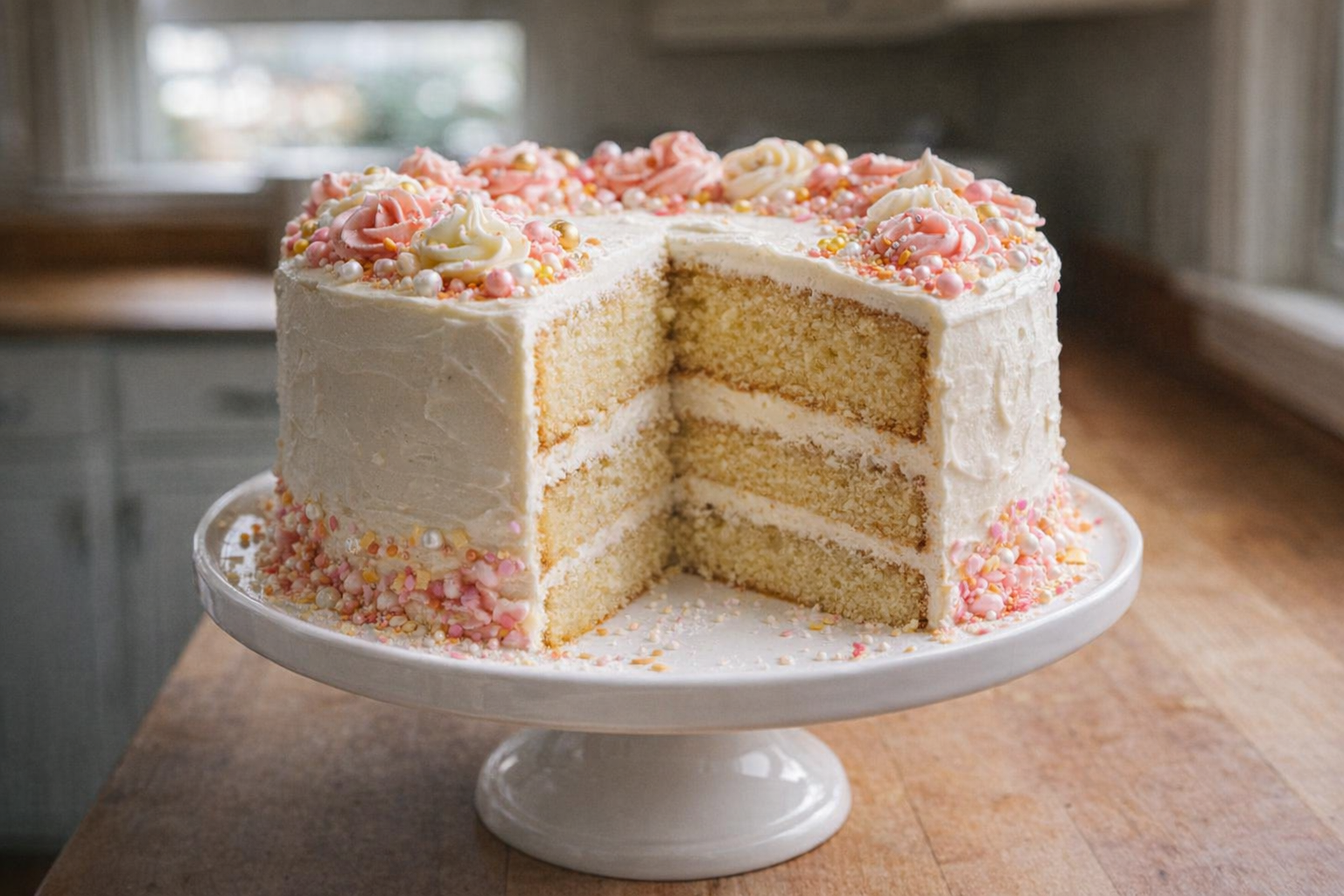 A beautifully frosted and decorated layer cake made from a doctored box mix, displayed on a cake stand with a slice cut out, showcasing the moist crumb